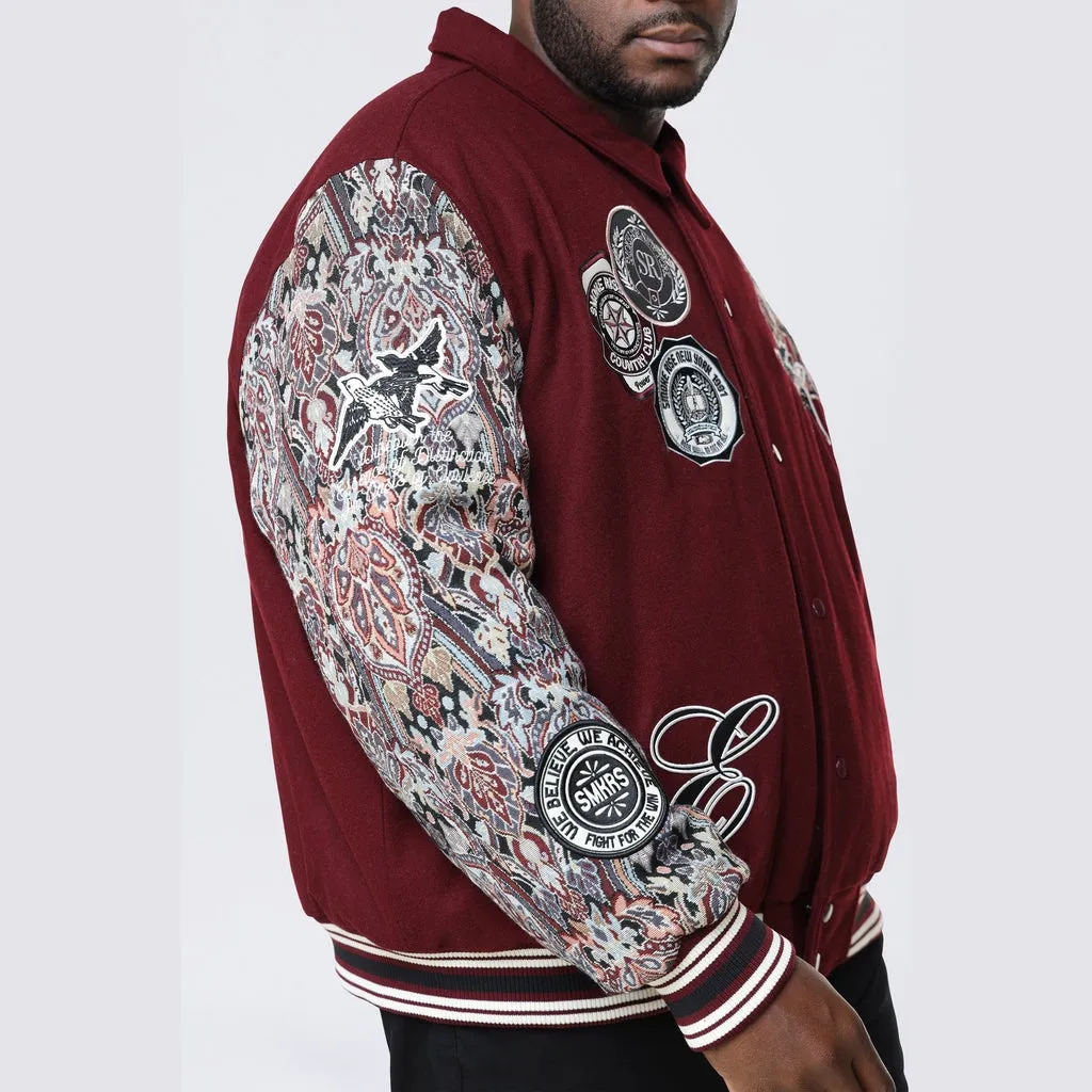 Big and Tall - Tapestry Sleeved Varsity Jacket - Wine