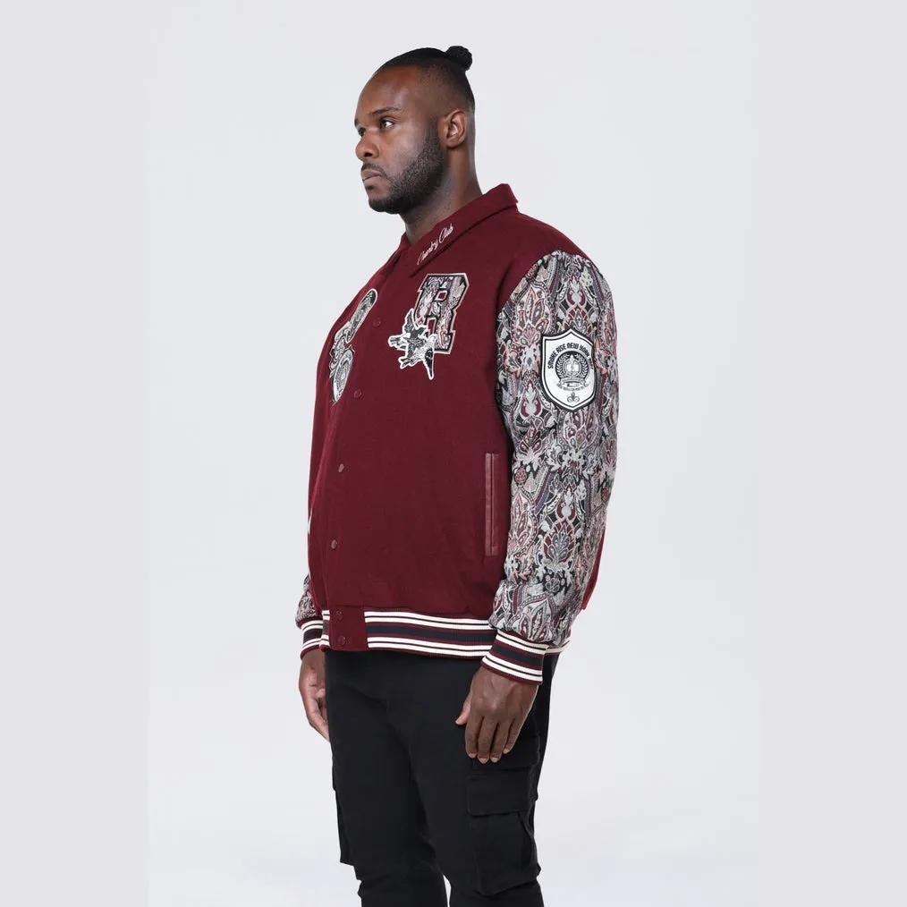 Big and Tall - Tapestry Sleeved Varsity Jacket - Wine