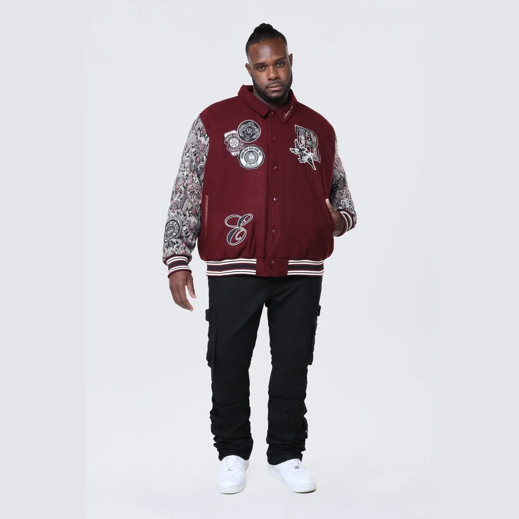 Big and Tall - Tapestry Sleeved Varsity Jacket - Wine