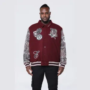 Big and Tall - Tapestry Sleeved Varsity Jacket - Wine
