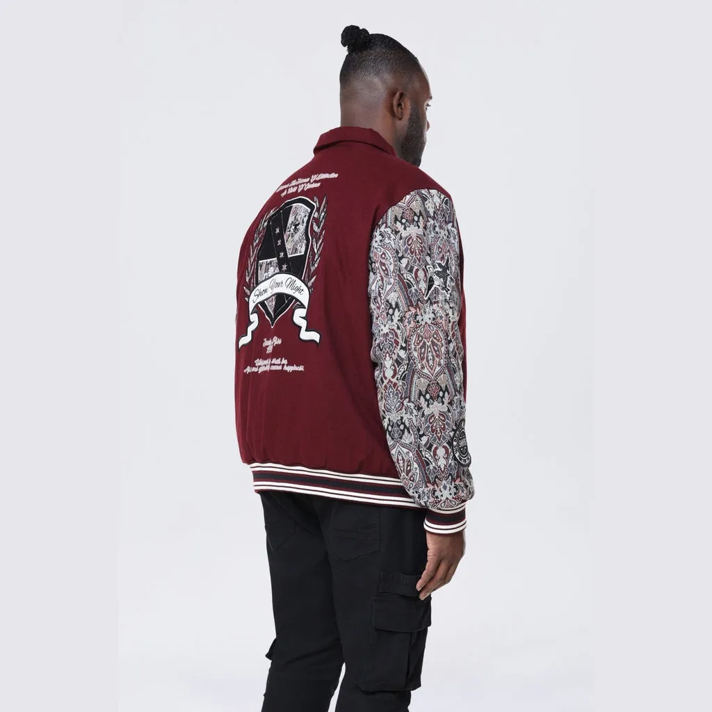 Big and Tall - Tapestry Sleeved Varsity Jacket - Wine