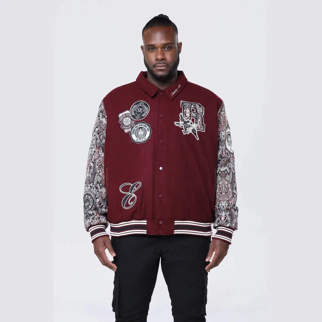 Big and Tall - Tapestry Sleeved Varsity Jacket - Wine
