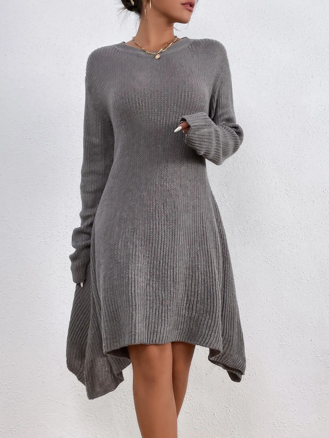 Casual Plain Asymmetrical Long Sleeve Round Neck Asymmetrical Natural Knee Length Women Sweater Dress