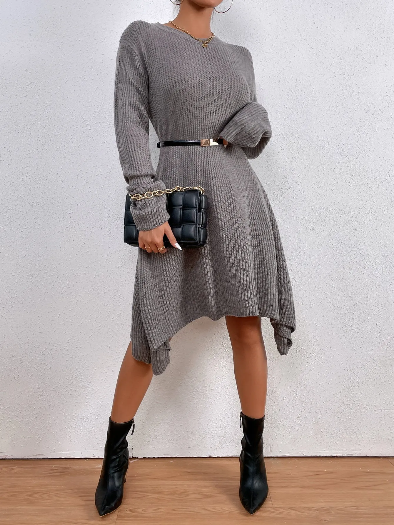 Casual Plain Asymmetrical Long Sleeve Round Neck Asymmetrical Natural Knee Length Women Sweater Dress