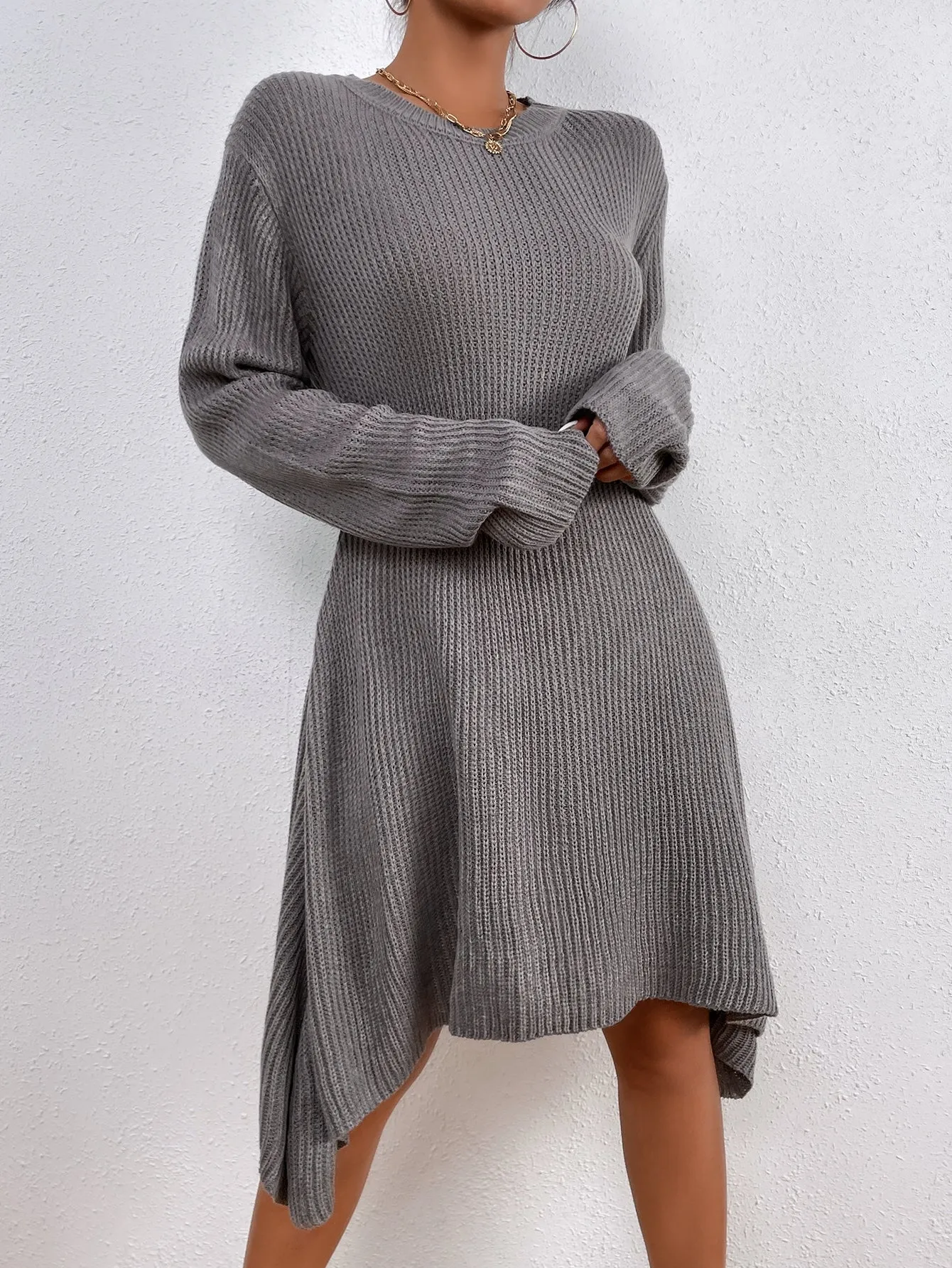 Casual Plain Asymmetrical Long Sleeve Round Neck Asymmetrical Natural Knee Length Women Sweater Dress