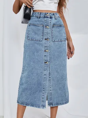 Casual Plain Pocket High Waist Long Women Denim Skirt