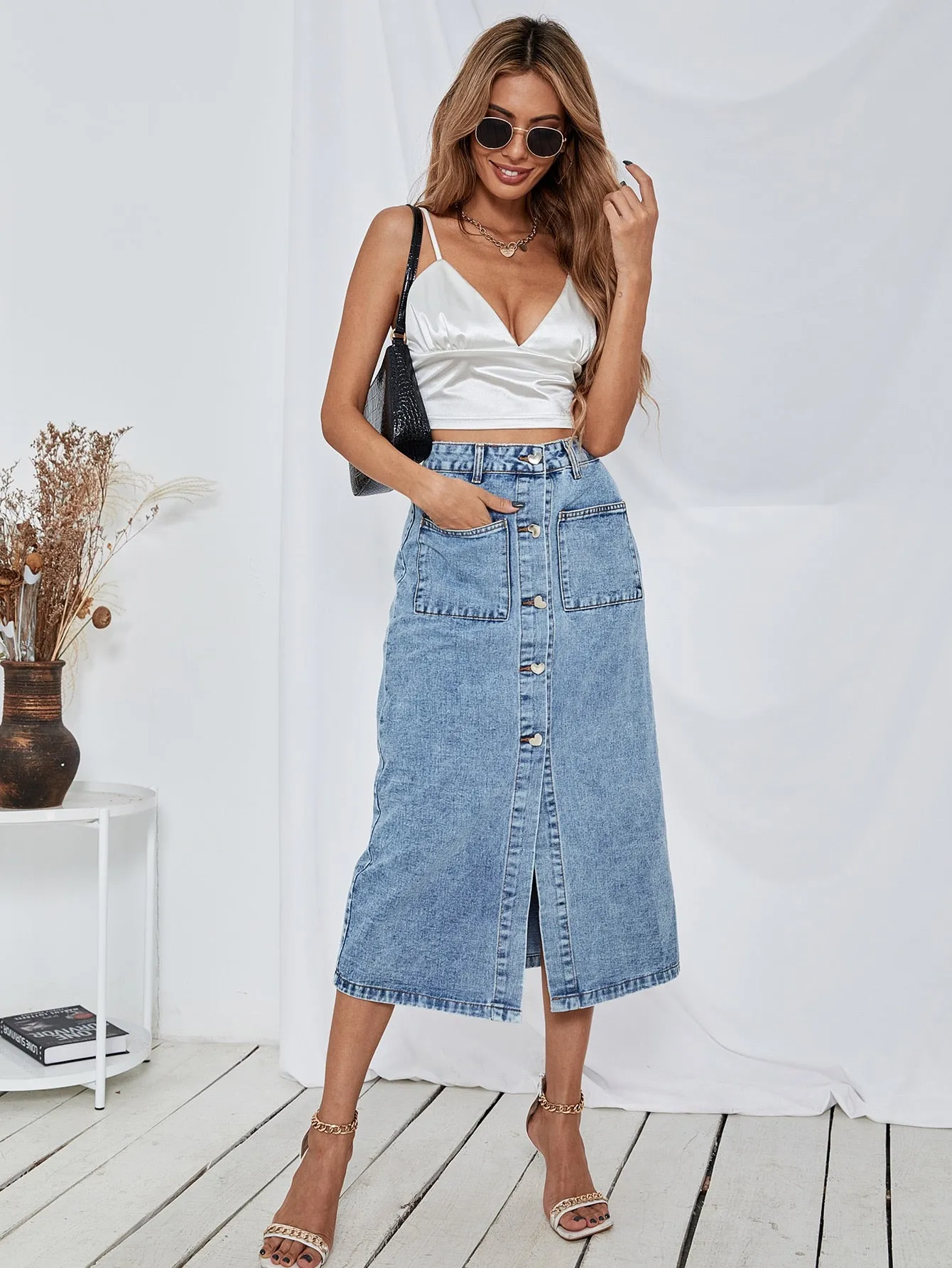 Casual Plain Pocket High Waist Long Women Denim Skirt