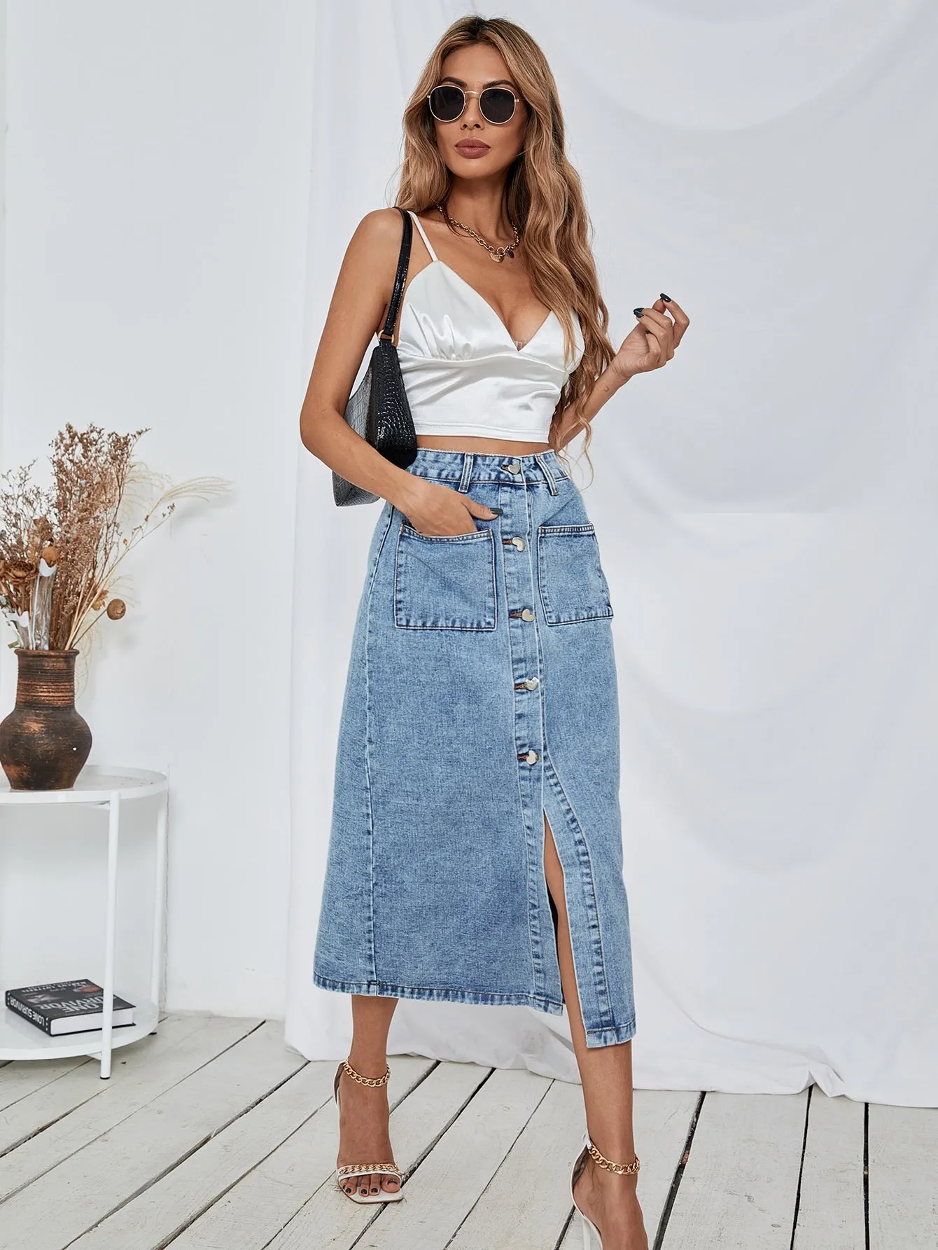 Casual Plain Pocket High Waist Long Women Denim Skirt