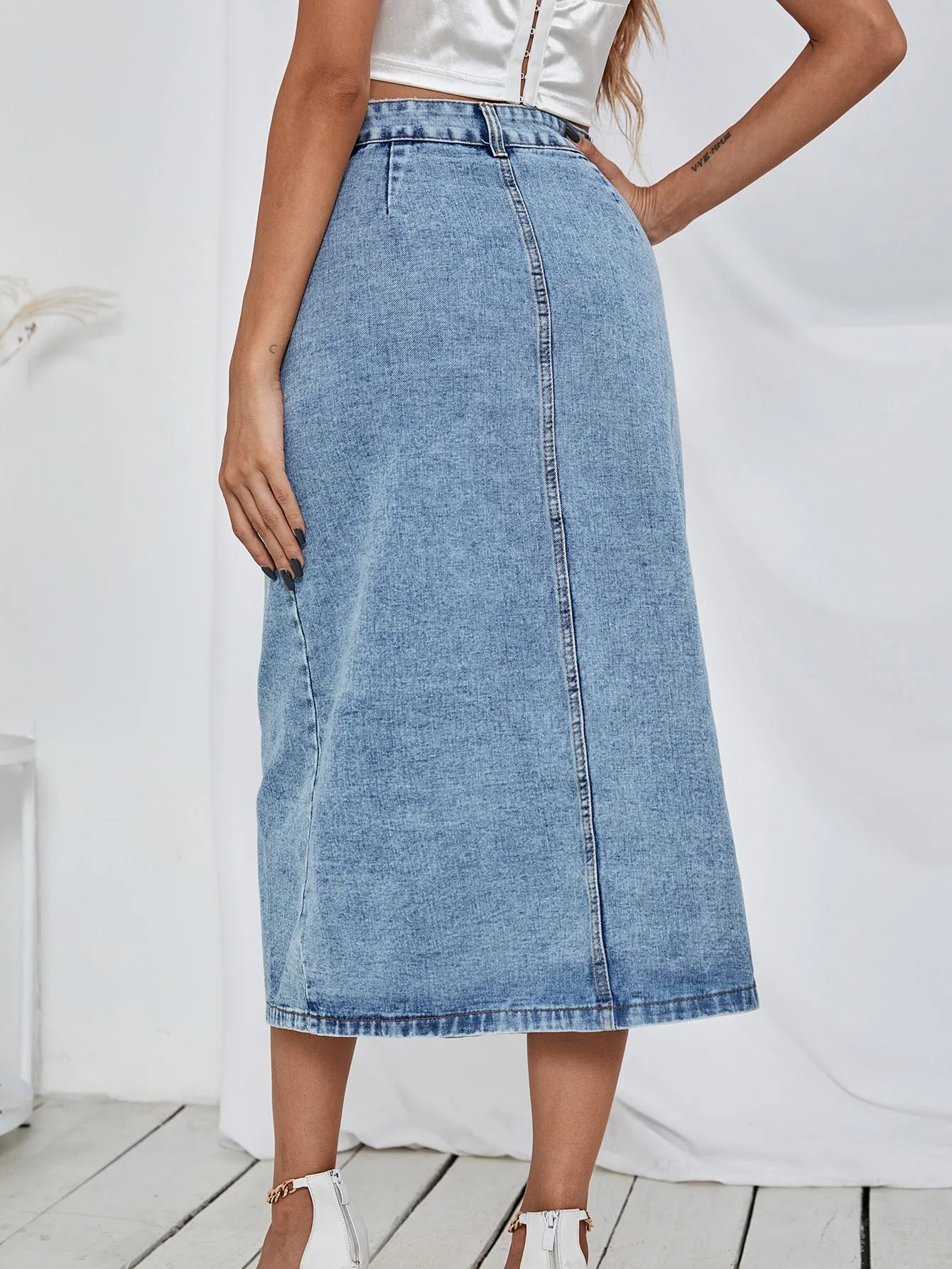 Casual Plain Pocket High Waist Long Women Denim Skirt