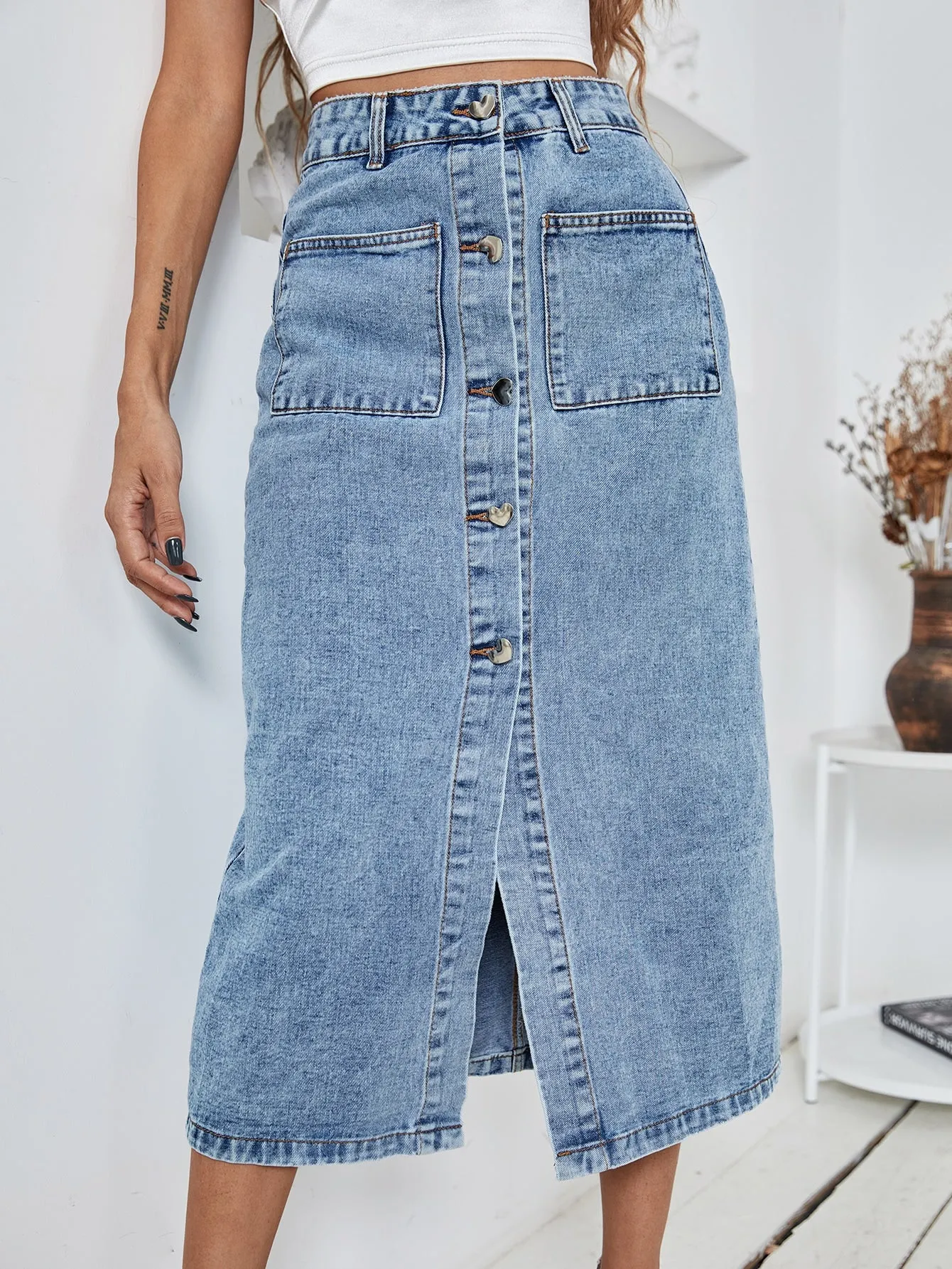 Casual Plain Pocket High Waist Long Women Denim Skirt