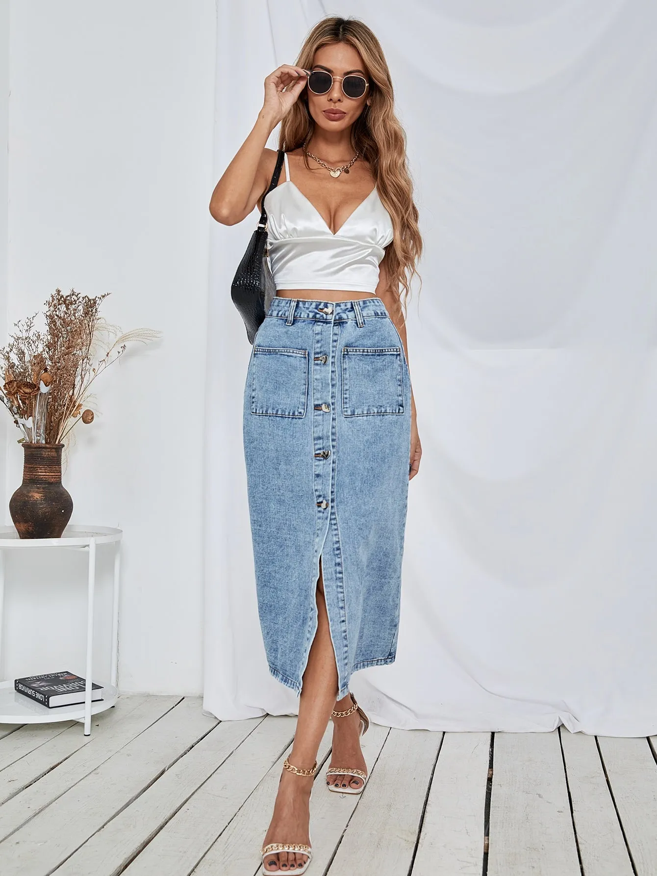 Casual Plain Pocket High Waist Long Women Denim Skirt