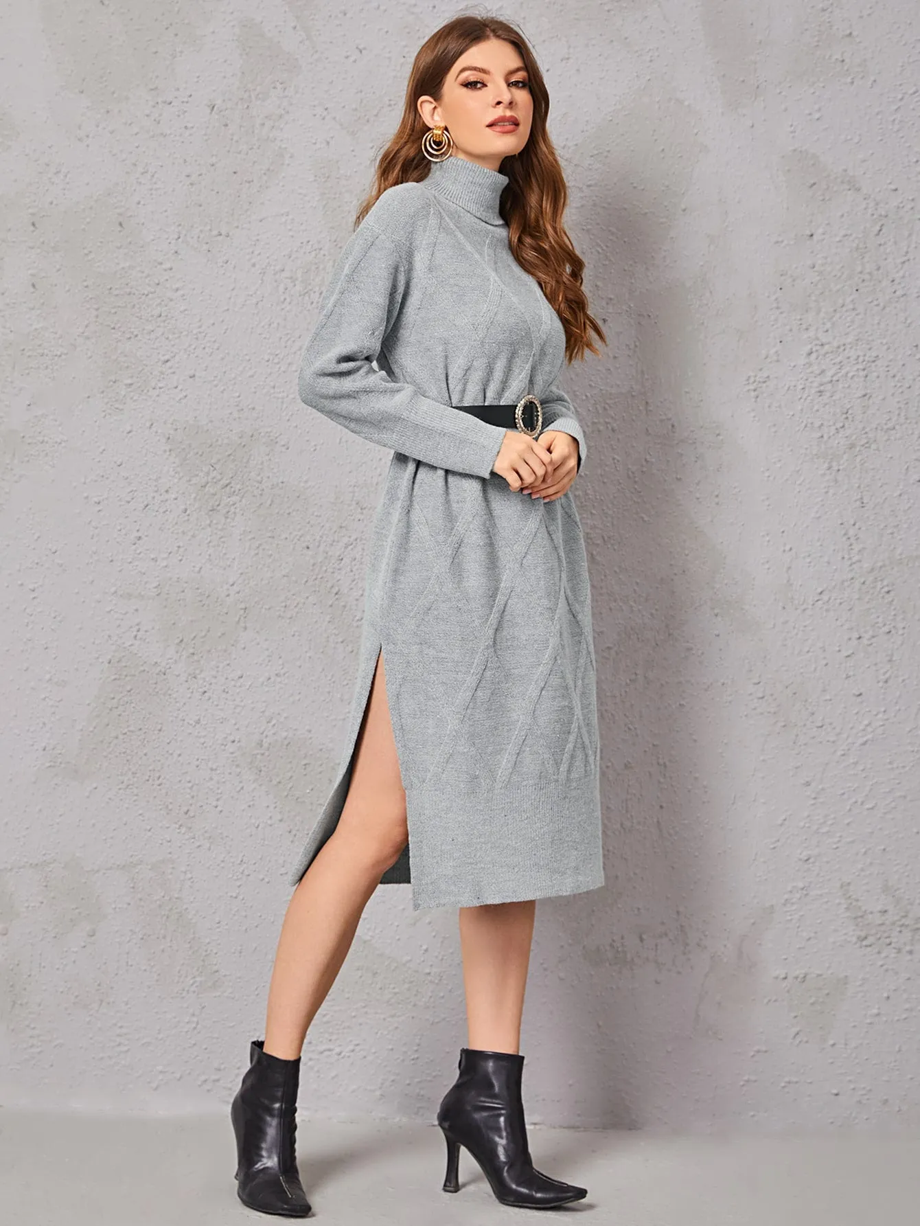 Casual Plain Split Thigh Long Sleeve High Neck Slit Natural Midi Women Sweater Dress