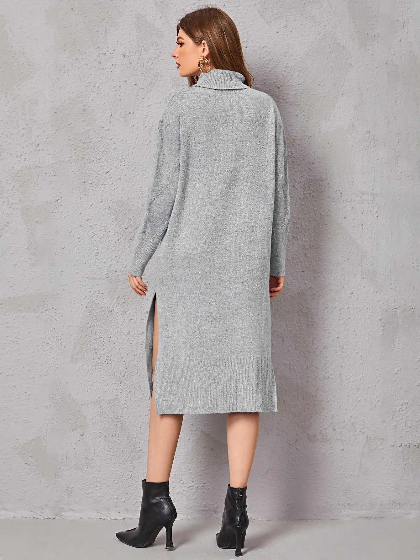 Casual Plain Split Thigh Long Sleeve High Neck Slit Natural Midi Women Sweater Dress