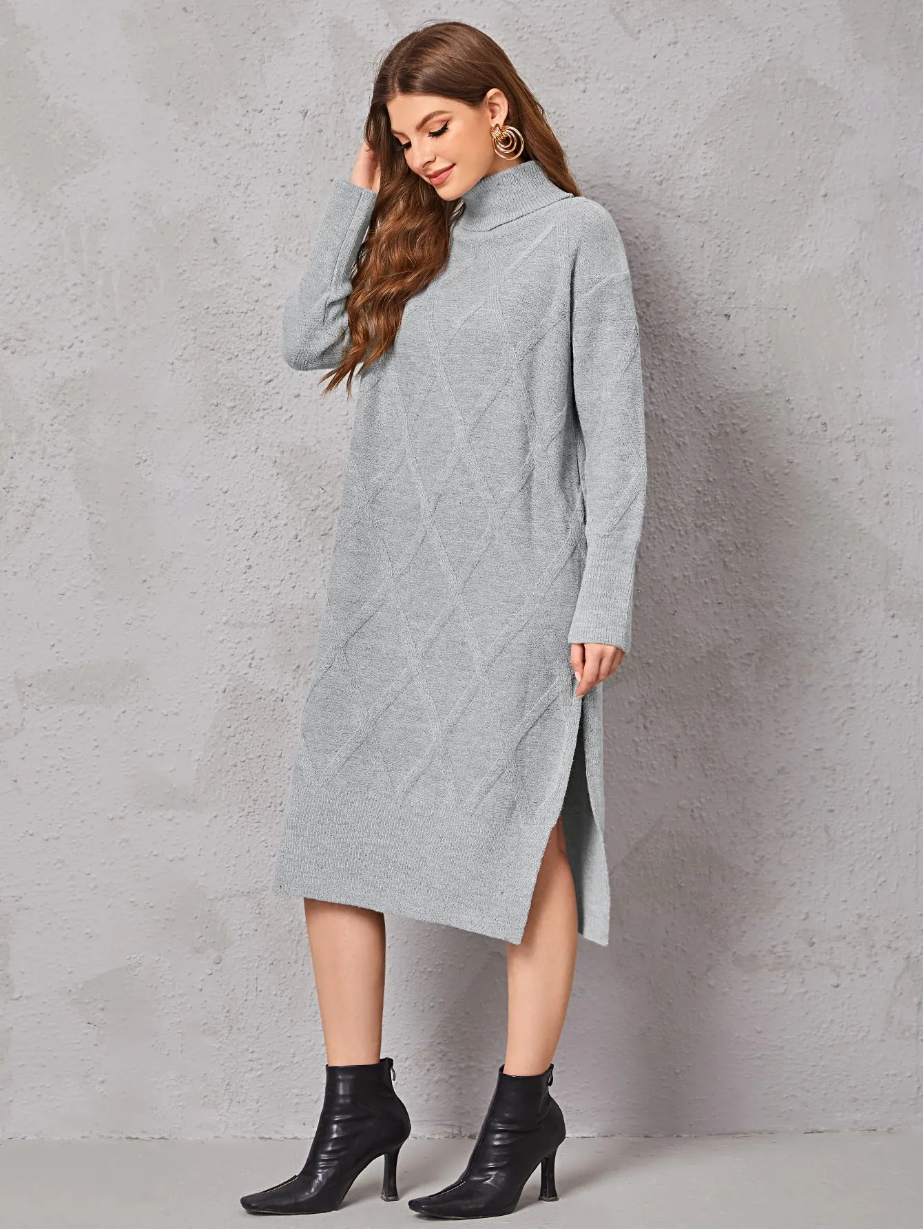 Casual Plain Split Thigh Long Sleeve High Neck Slit Natural Midi Women Sweater Dress