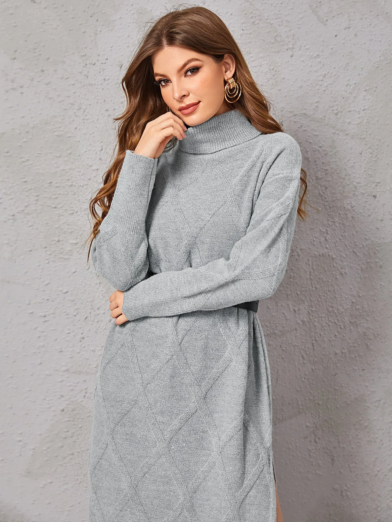 Casual Plain Split Thigh Long Sleeve High Neck Slit Natural Midi Women Sweater Dress