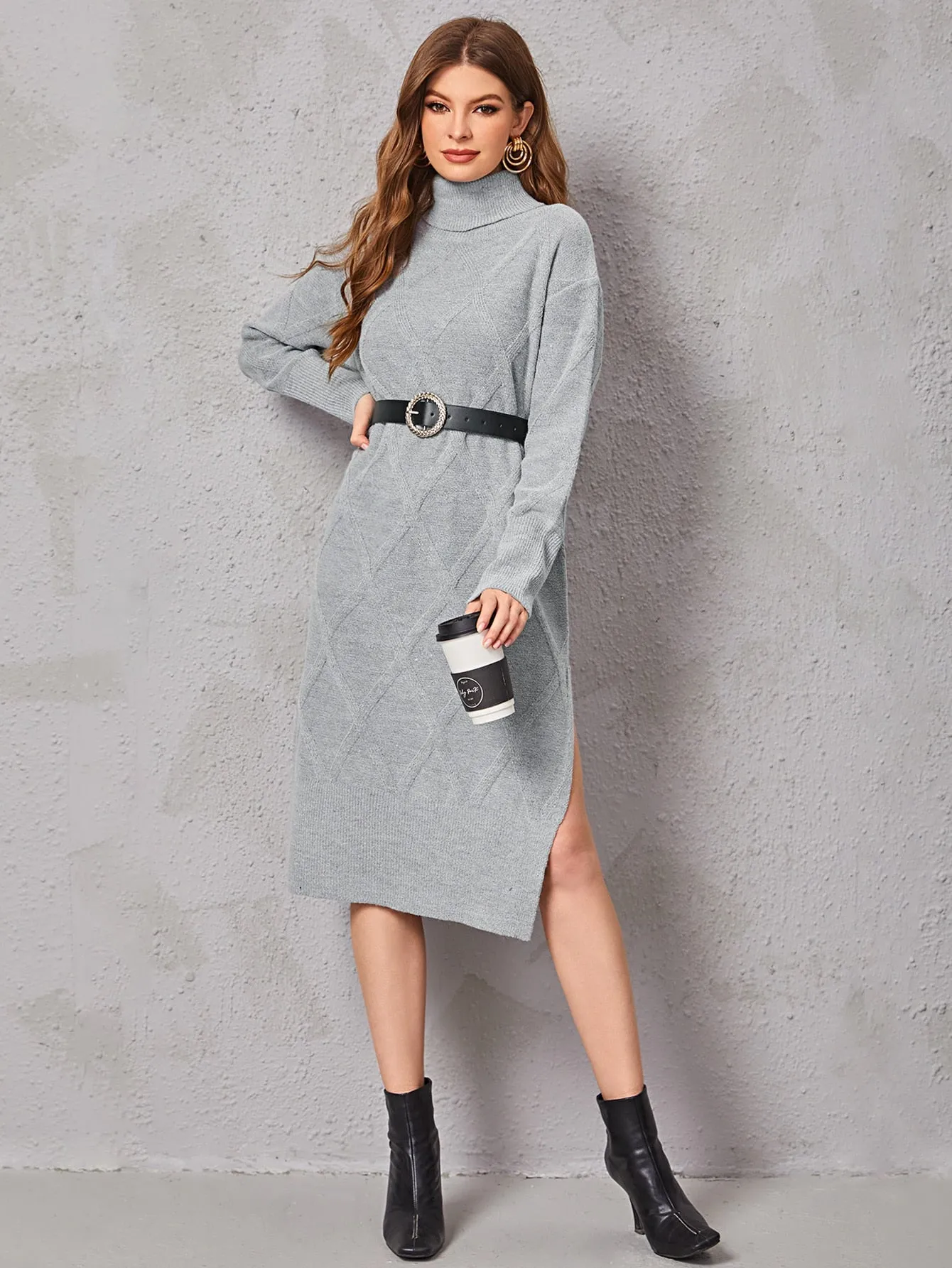 Casual Plain Split Thigh Long Sleeve High Neck Slit Natural Midi Women Sweater Dress