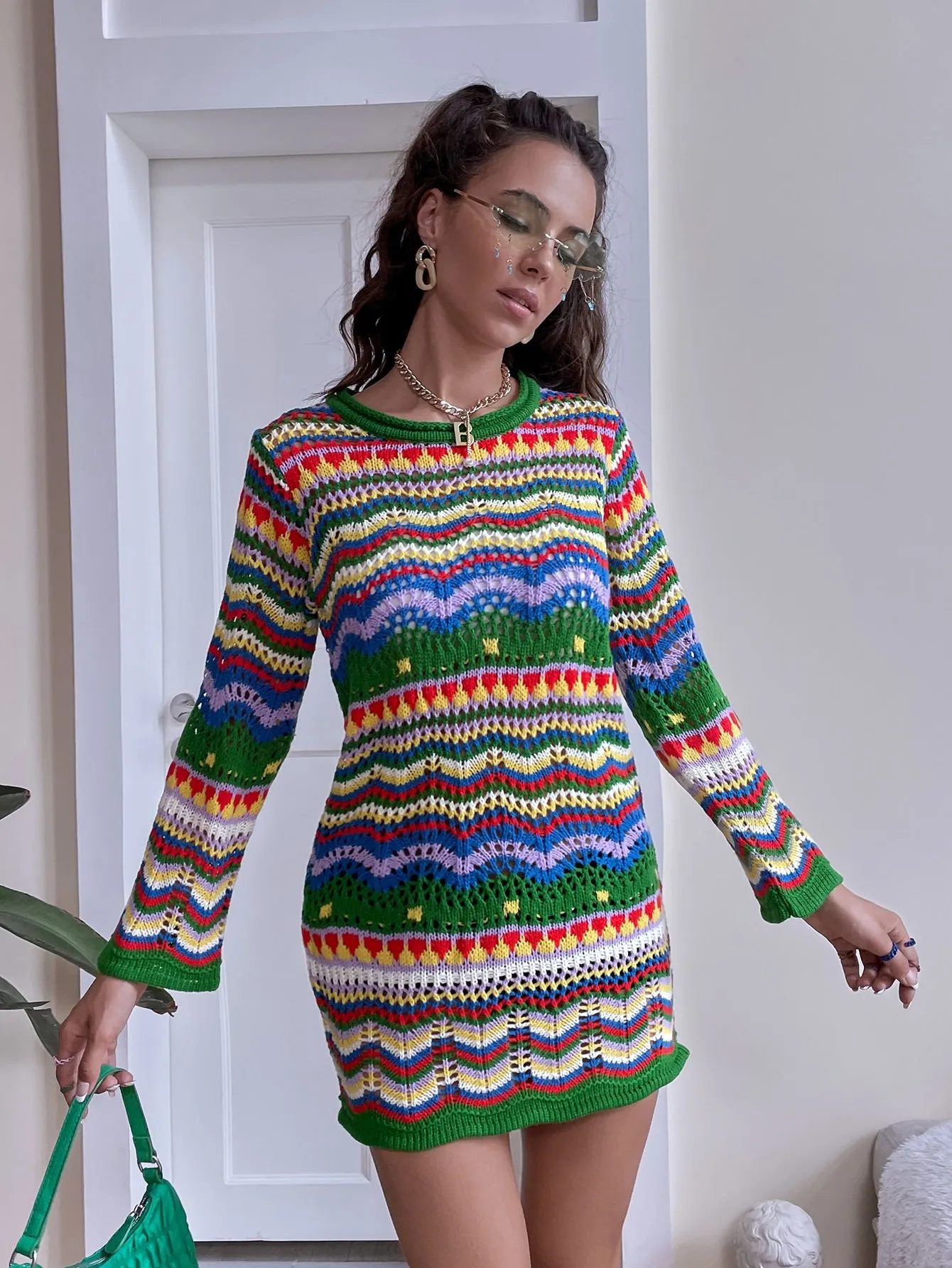 Casual Rainbow Stripe Long Sleeve Round Neck Straight Natural Mini Women Sweater Dress