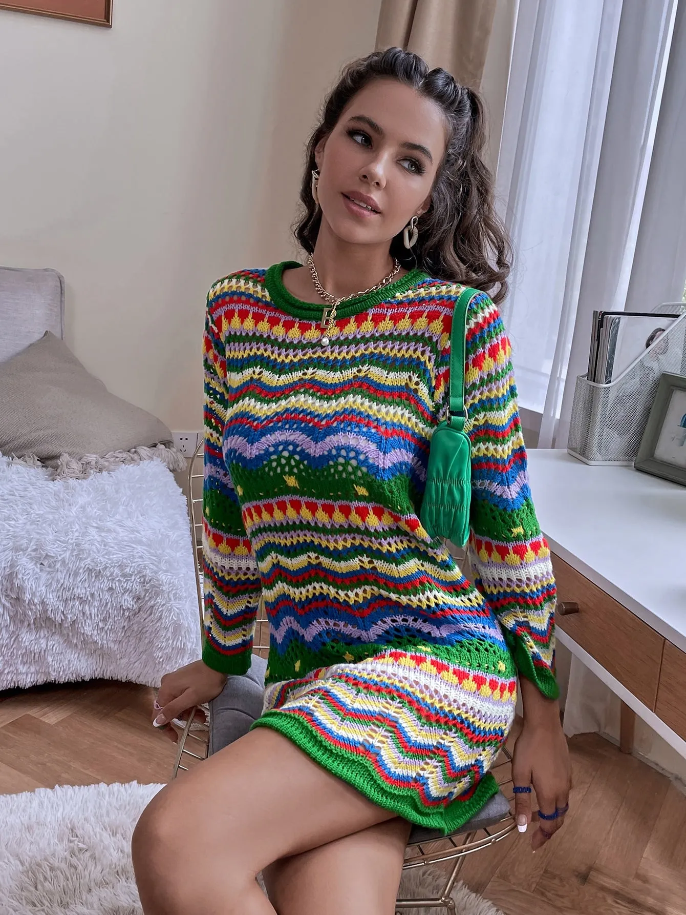 Casual Rainbow Stripe Long Sleeve Round Neck Straight Natural Mini Women Sweater Dress