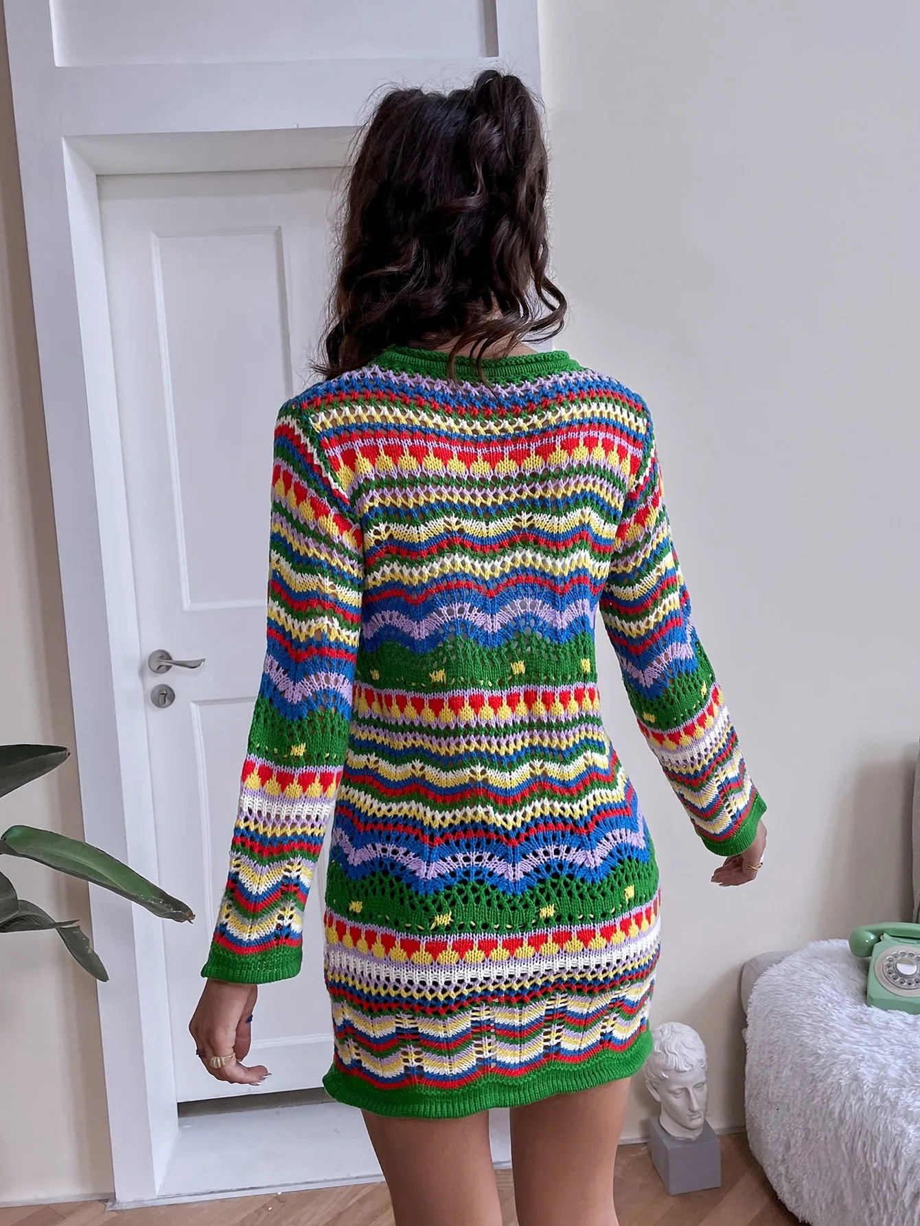 Casual Rainbow Stripe Long Sleeve Round Neck Straight Natural Mini Women Sweater Dress