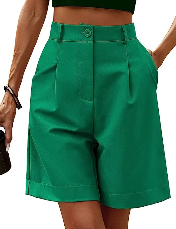 Chic Cream Beige High Waist Bermuda Shorts w/Pockets