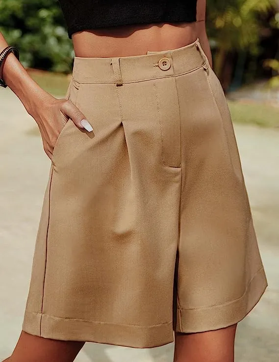 Chic Cream Beige High Waist Bermuda Shorts w/Pockets