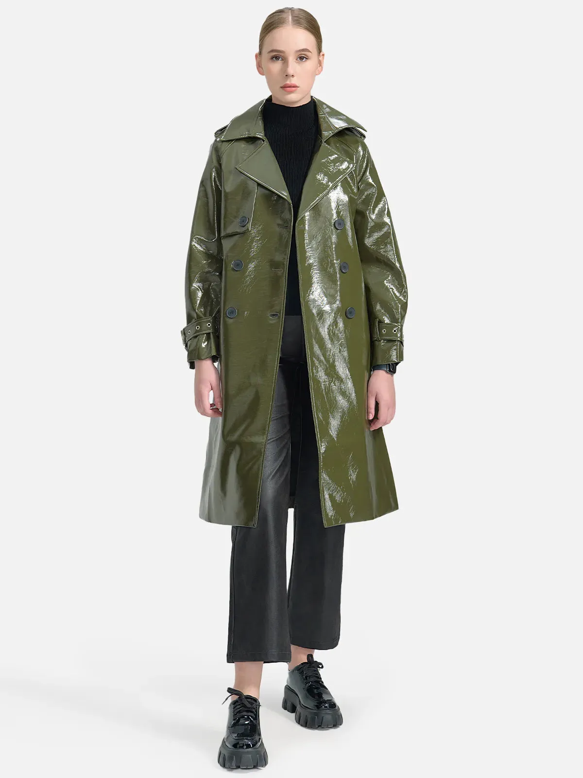 Faux Leather Belted Trench Coat
