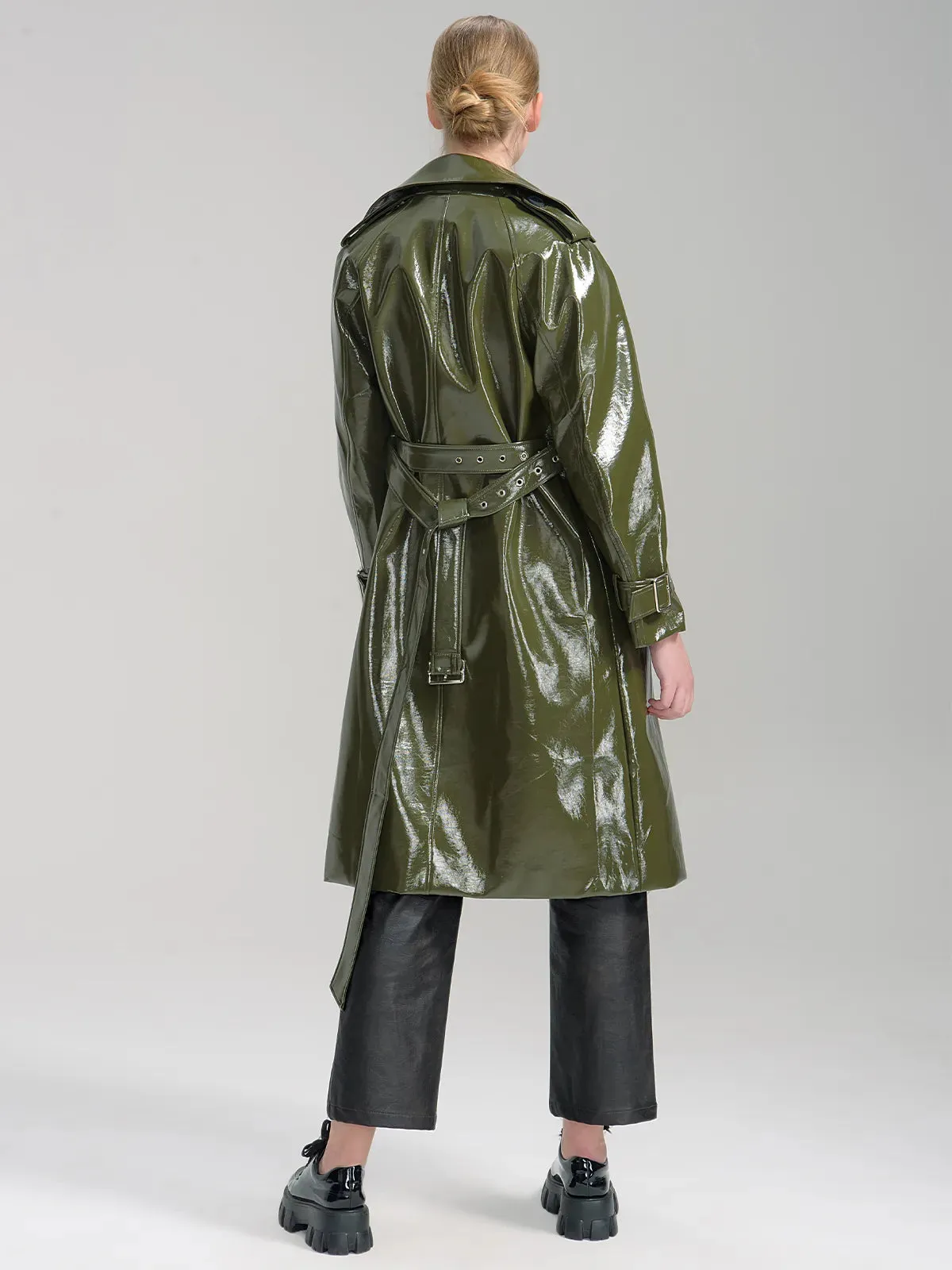 Faux Leather Belted Trench Coat