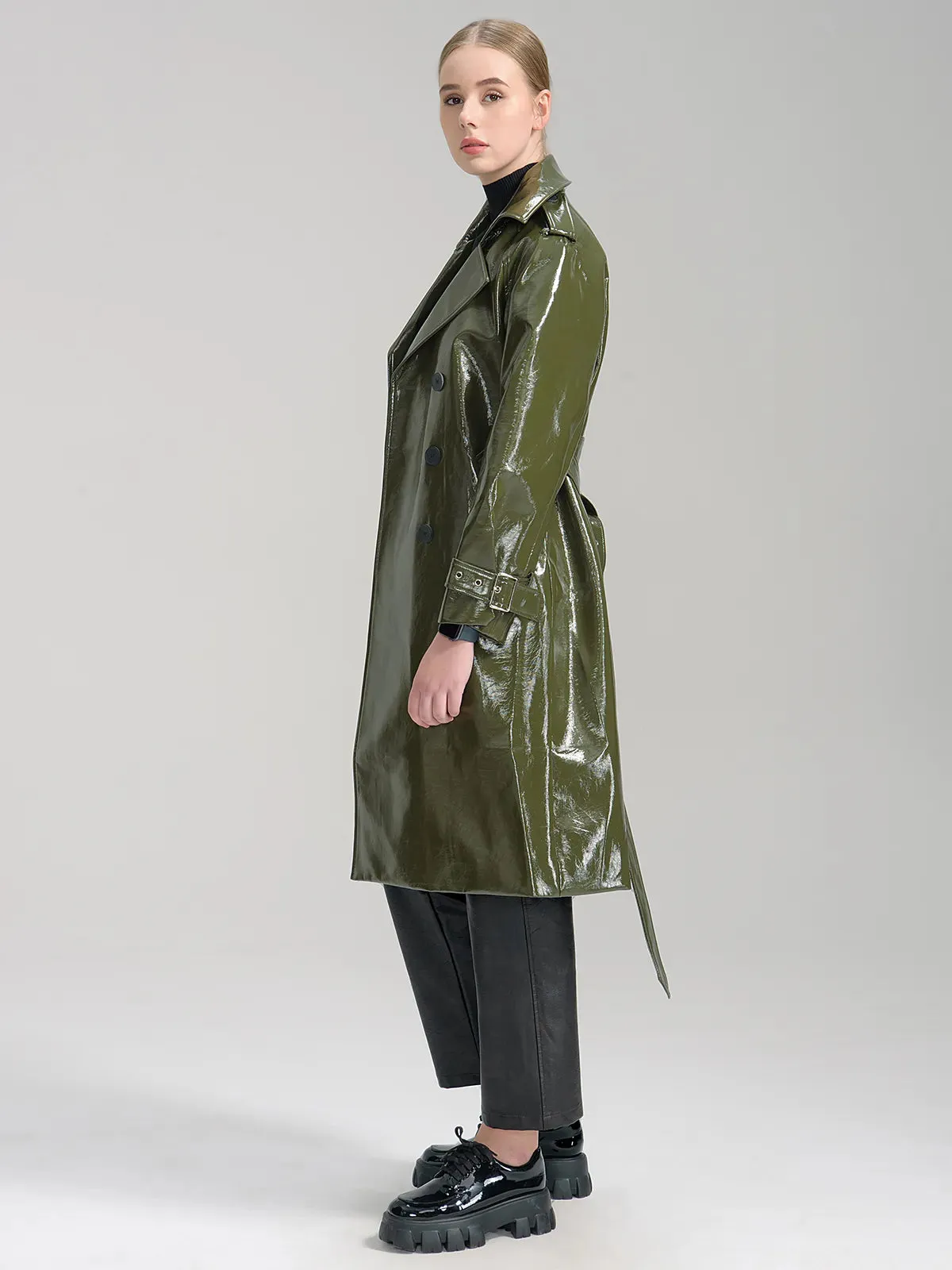 Faux Leather Belted Trench Coat