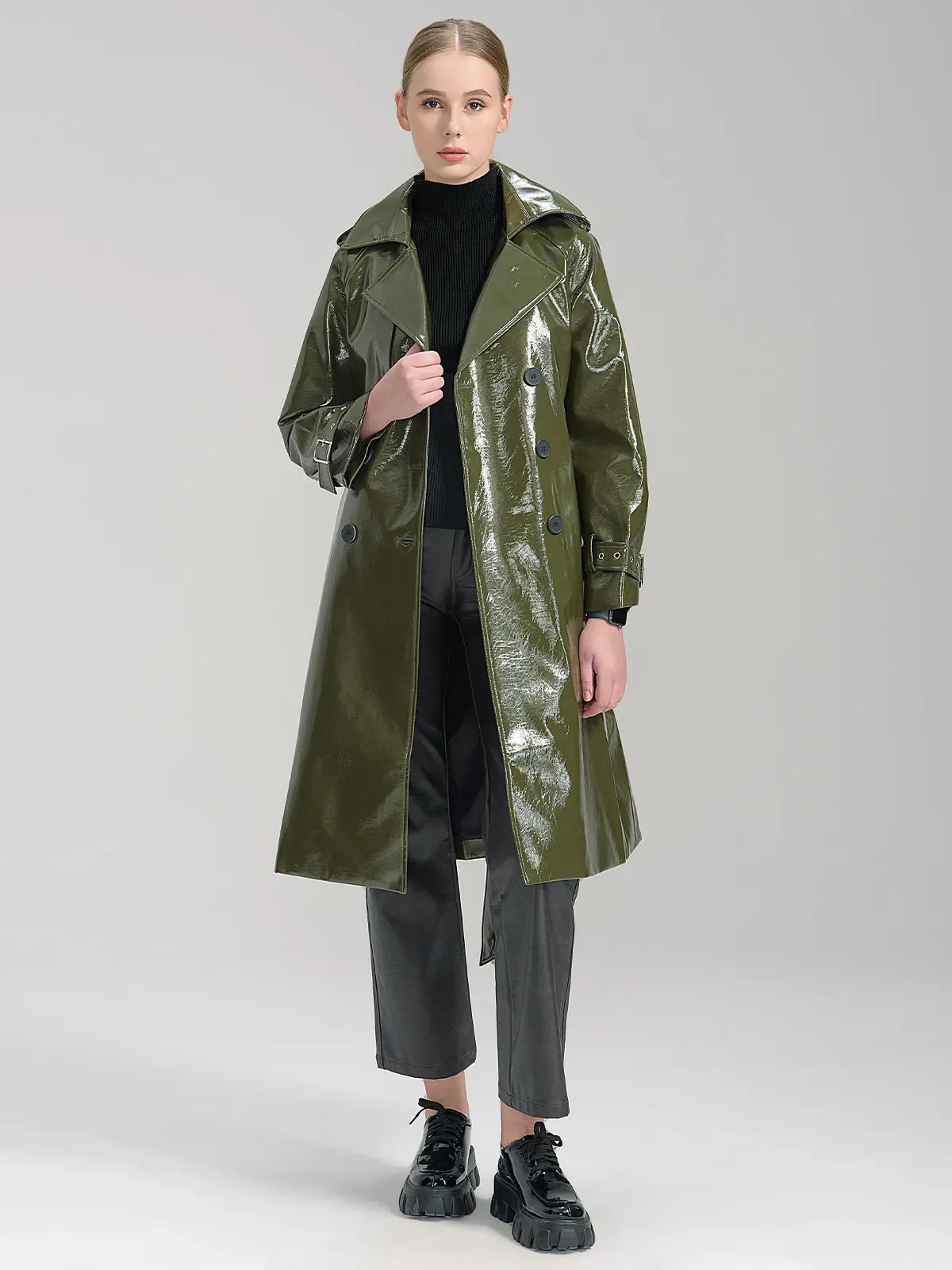 Faux Leather Belted Trench Coat