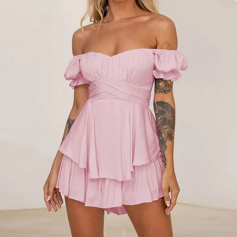 LANFUBEISI Solid Color Ruffle Women Rompers Sexy Off Shoulder Jumpsuit Female Summer Fashion Short Sleeve Women Rompers Bodysuit