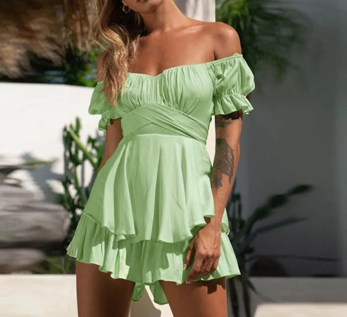LANFUBEISI Solid Color Ruffle Women Rompers Sexy Off Shoulder Jumpsuit Female Summer Fashion Short Sleeve Women Rompers Bodysuit