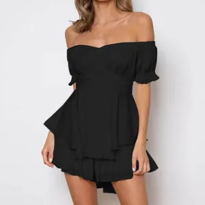 LANFUBEISI Solid Color Ruffle Women Rompers Sexy Off Shoulder Jumpsuit Female Summer Fashion Short Sleeve Women Rompers Bodysuit
