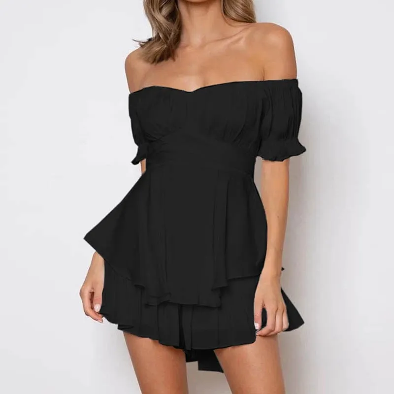LANFUBEISI Solid Color Ruffle Women Rompers Sexy Off Shoulder Jumpsuit Female Summer Fashion Short Sleeve Women Rompers Bodysuit