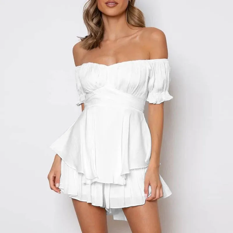 LANFUBEISI Solid Color Ruffle Women Rompers Sexy Off Shoulder Jumpsuit Female Summer Fashion Short Sleeve Women Rompers Bodysuit