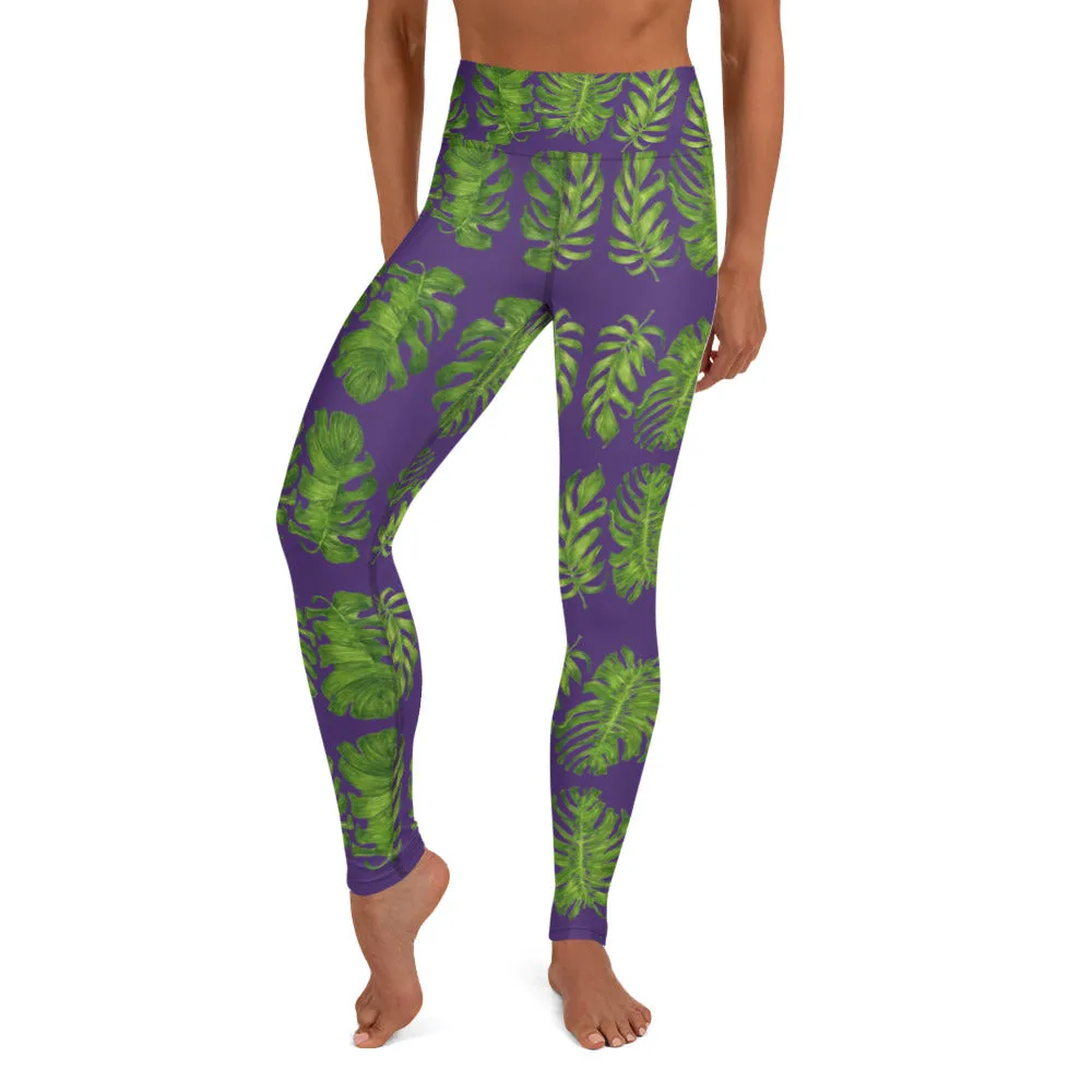Purple Tropical Leaf Yoga Leggings, Hawaiian Style Leaves Print Women's Long Gym Tights-Made in USA/EU