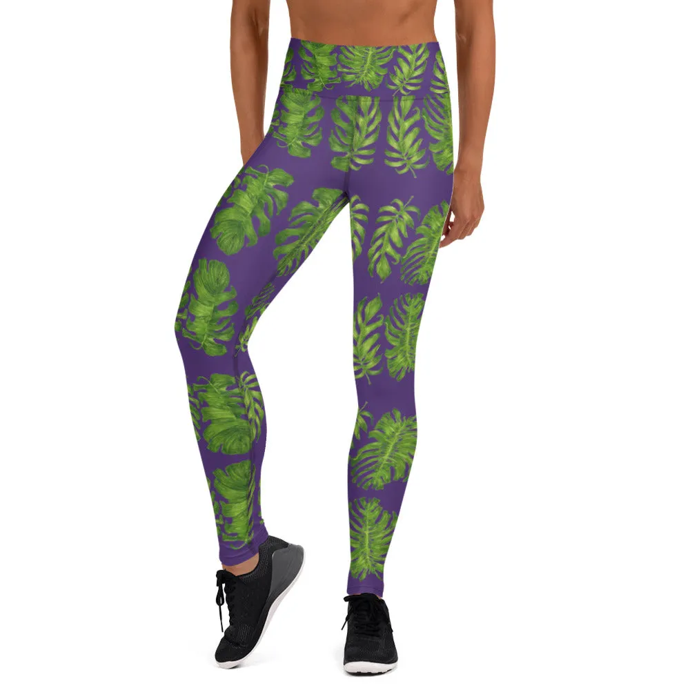 Purple Tropical Leaf Yoga Leggings, Hawaiian Style Leaves Print Women's Long Gym Tights-Made in USA/EU