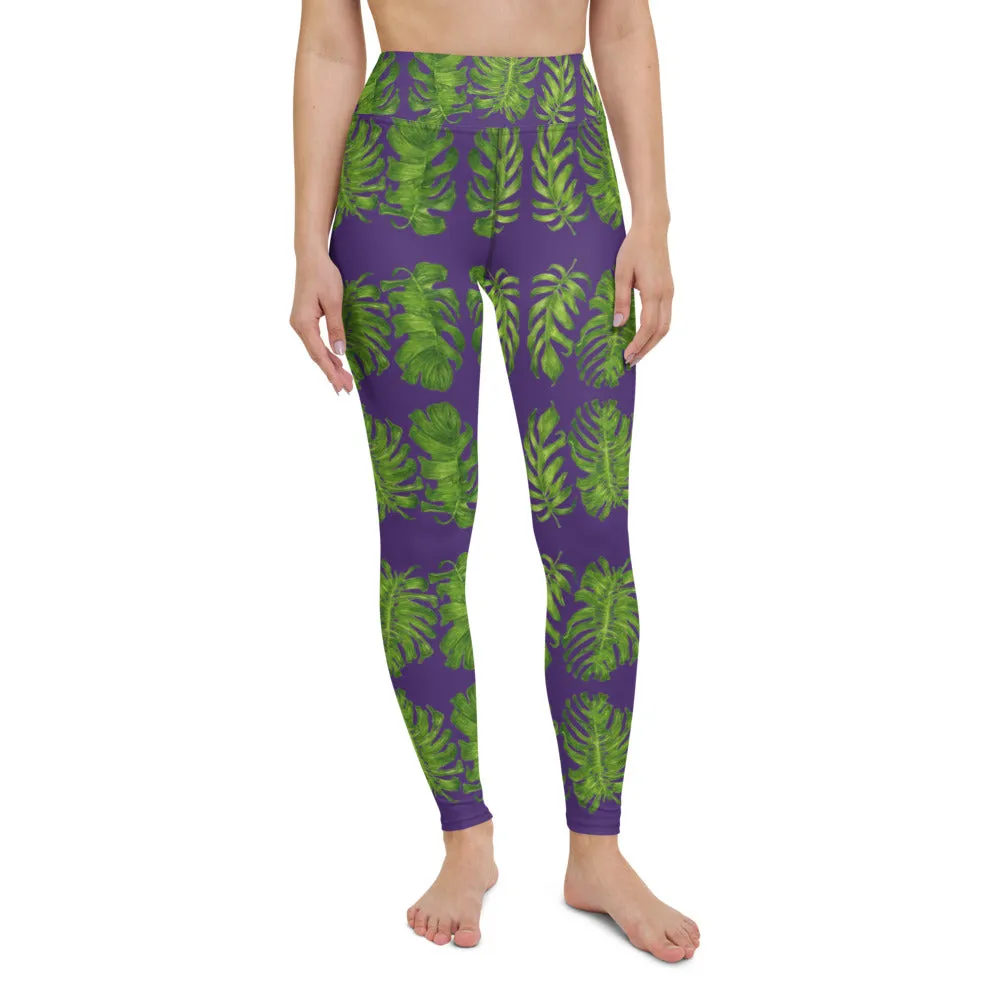 Purple Tropical Leaf Yoga Leggings, Hawaiian Style Leaves Print Women's Long Gym Tights-Made in USA/EU