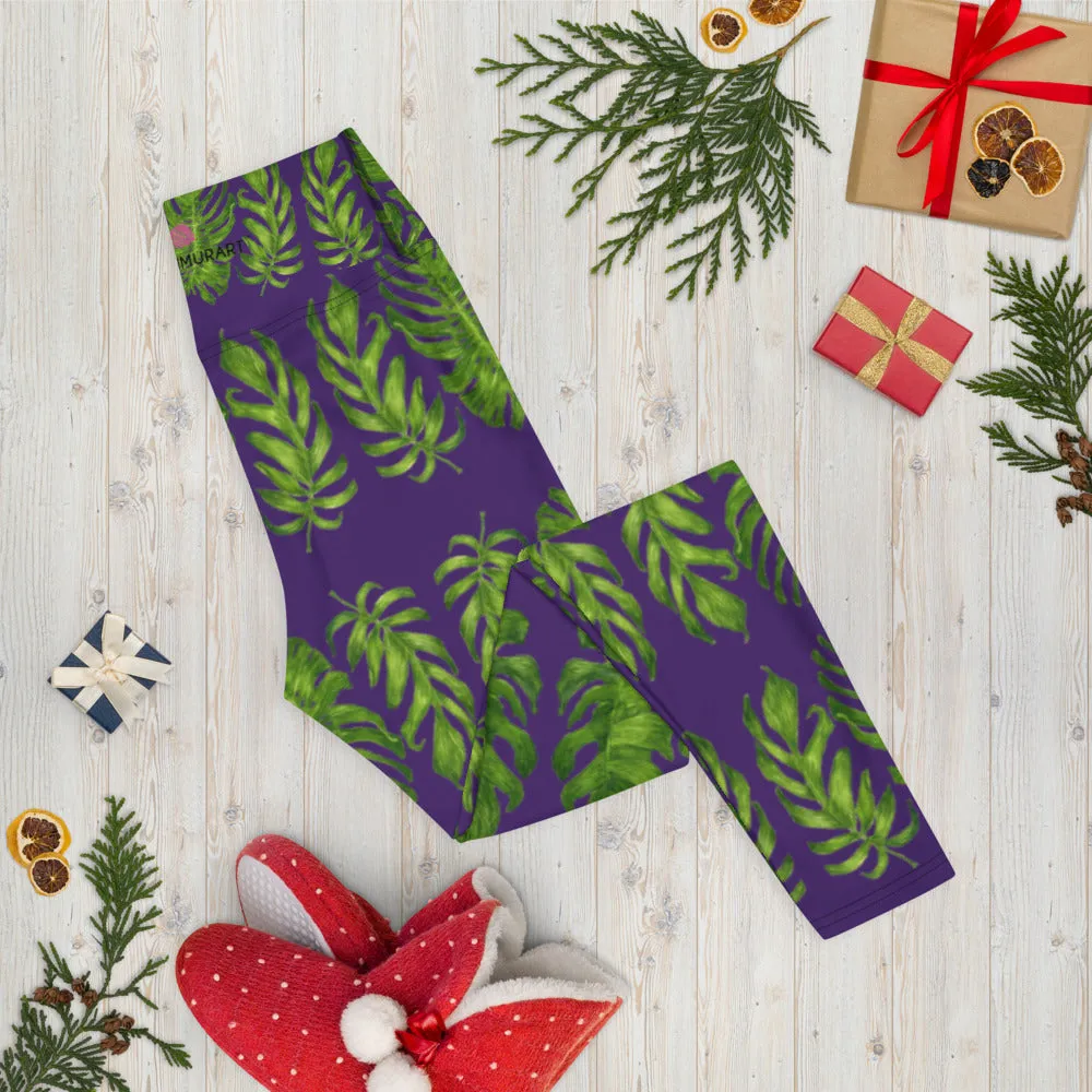 Purple Tropical Leaf Yoga Leggings, Hawaiian Style Leaves Print Women's Long Gym Tights-Made in USA/EU