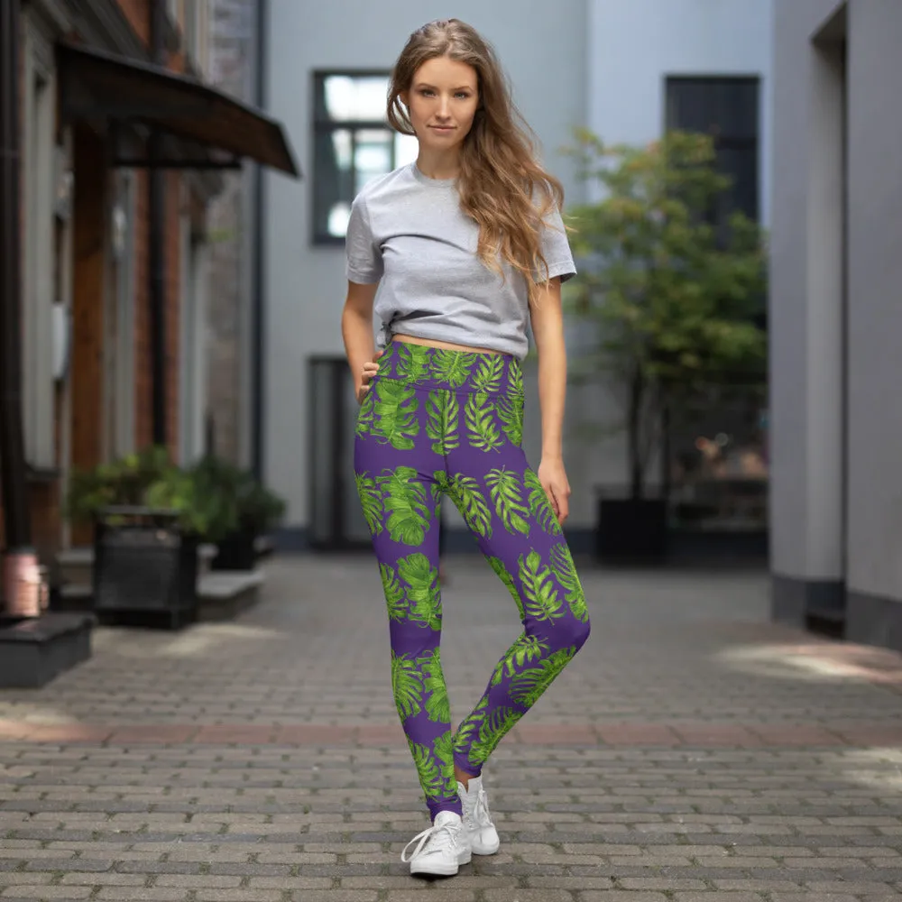 Purple Tropical Leaf Yoga Leggings, Hawaiian Style Leaves Print Women's Long Gym Tights-Made in USA/EU