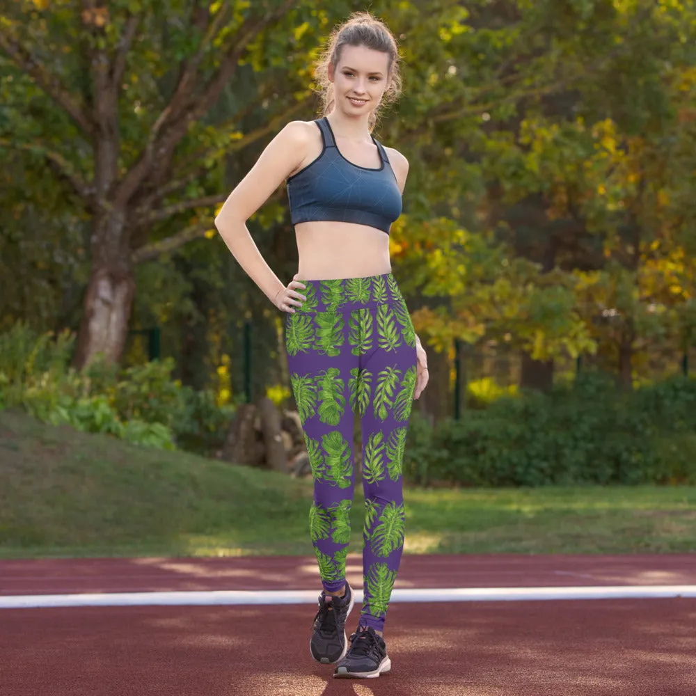 Purple Tropical Leaf Yoga Leggings, Hawaiian Style Leaves Print Women's Long Gym Tights-Made in USA/EU
