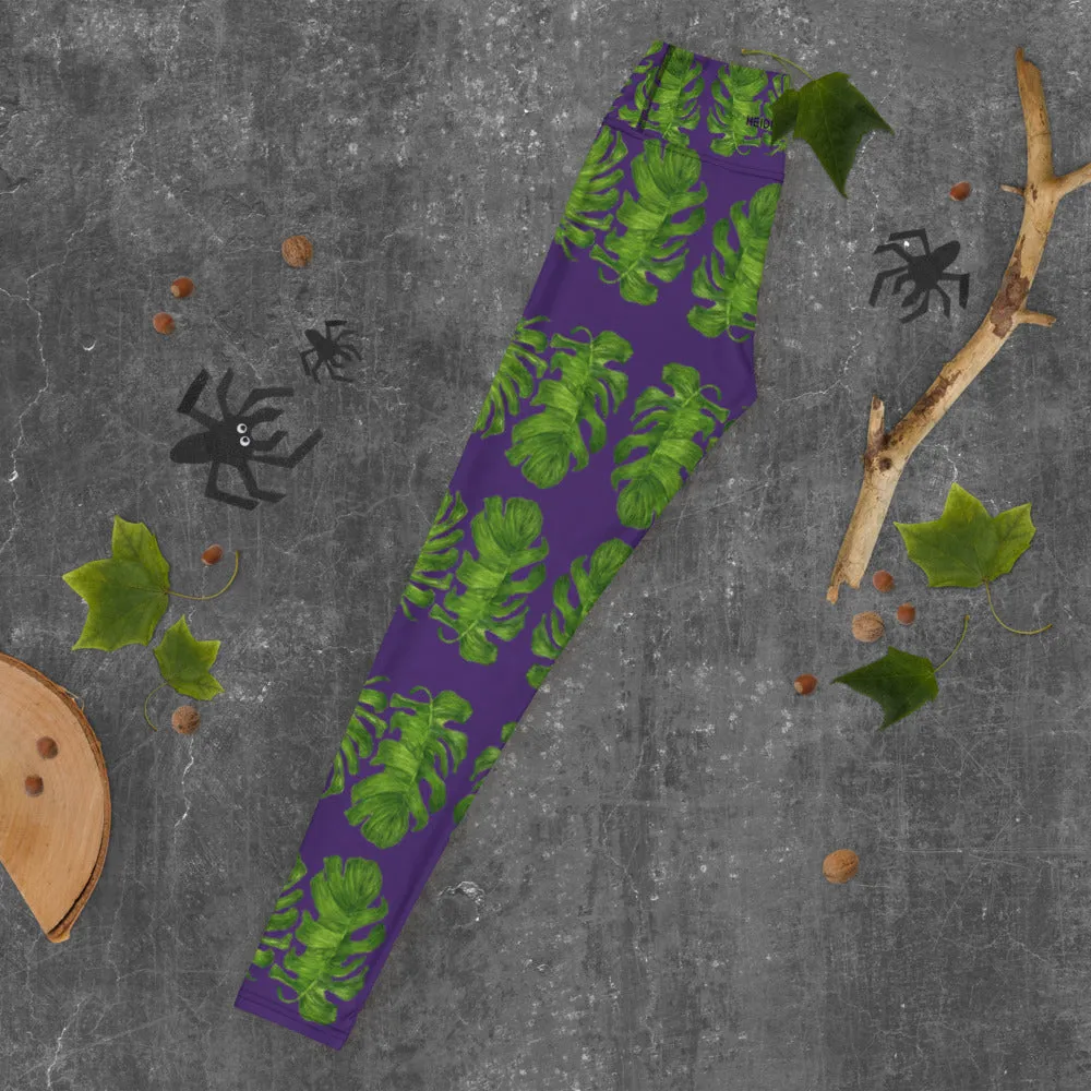 Purple Tropical Leaf Yoga Leggings, Hawaiian Style Leaves Print Women's Long Gym Tights-Made in USA/EU