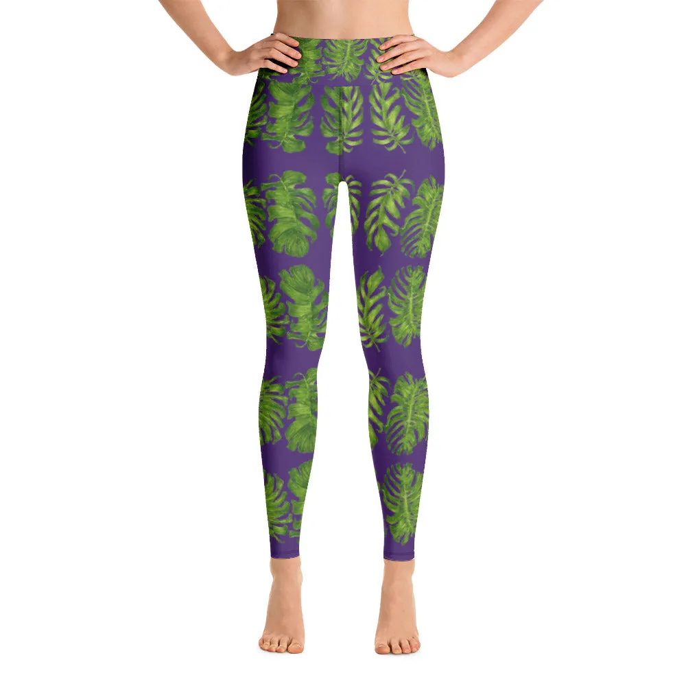 Purple Tropical Leaf Yoga Leggings, Hawaiian Style Leaves Print Women's Long Gym Tights-Made in USA/EU
