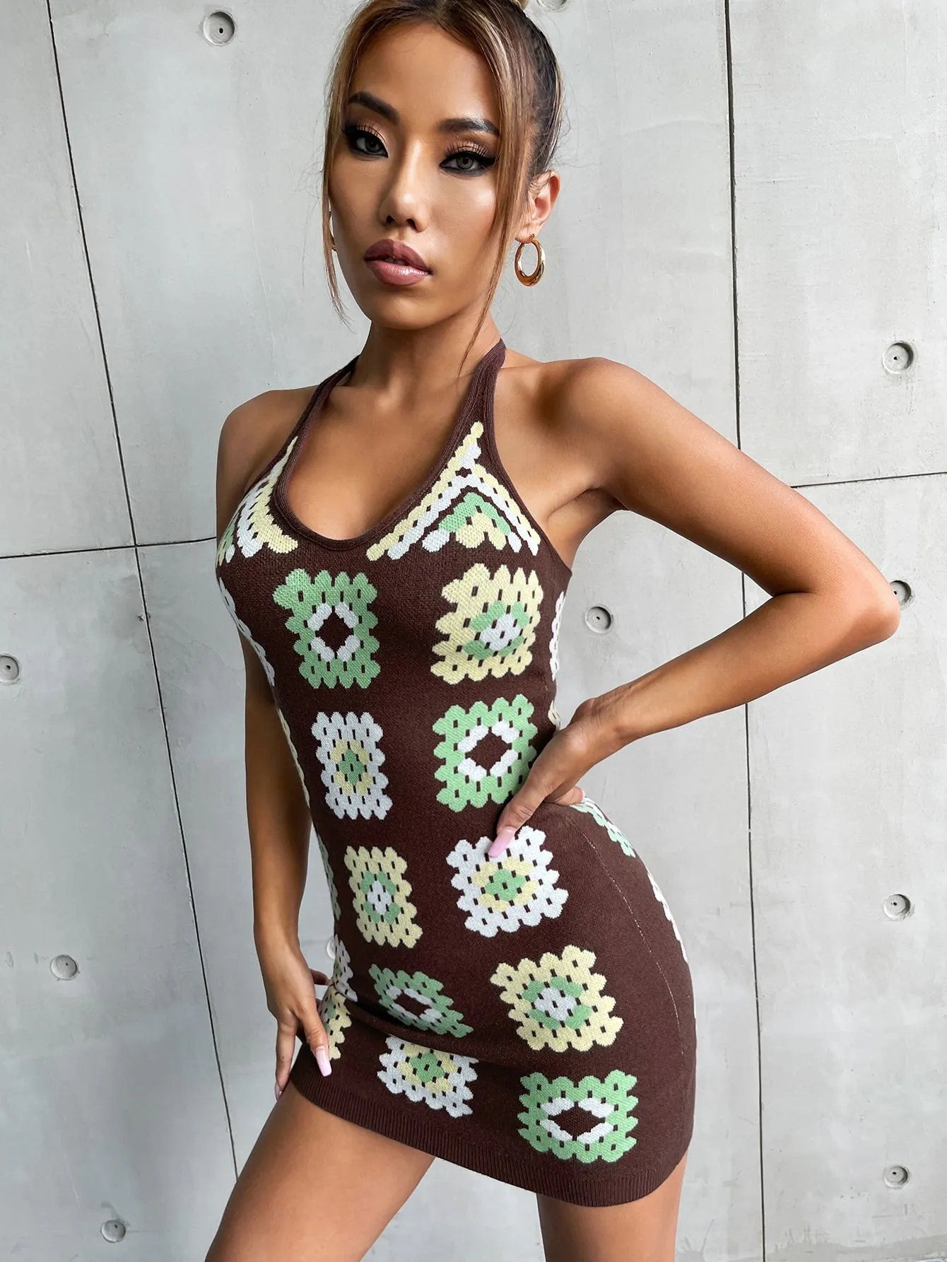 Sexy Geometric Tie Back Sleeveless Halter Pencil Natural Mini Women Sweater Dress