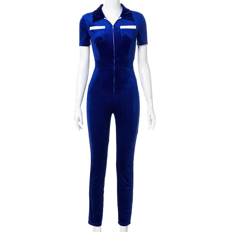 Short Sleeve Zipper Suede Slim Turn-down Collar Rompers