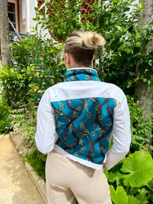 The White Denim Jacket / Gold Bits and Straps / Teal