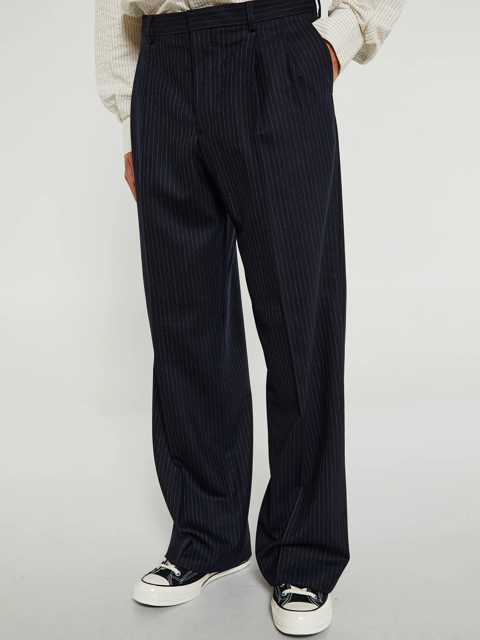 Wide Pleated Trousers in Navy Stripe