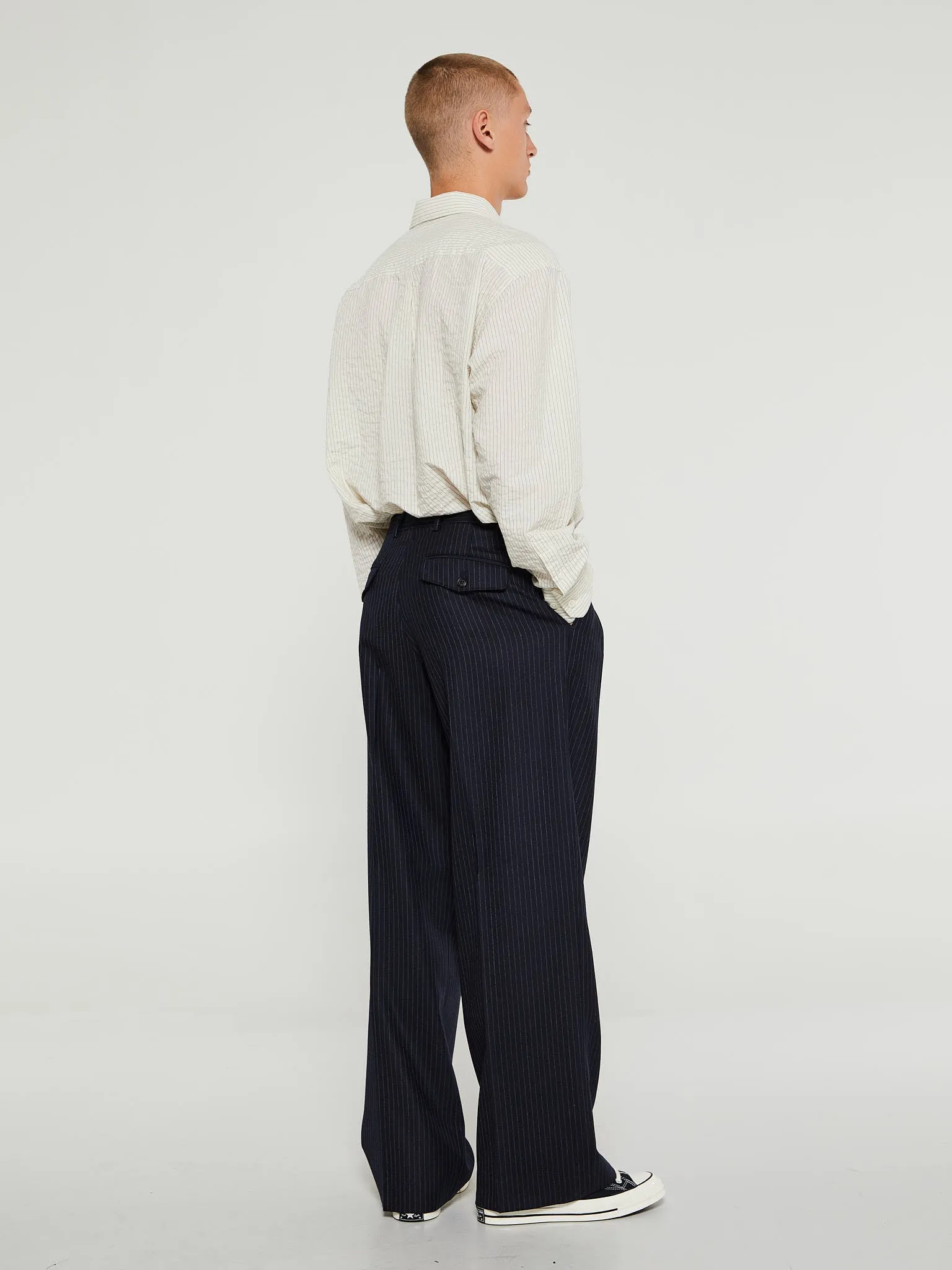 Wide Pleated Trousers in Navy Stripe