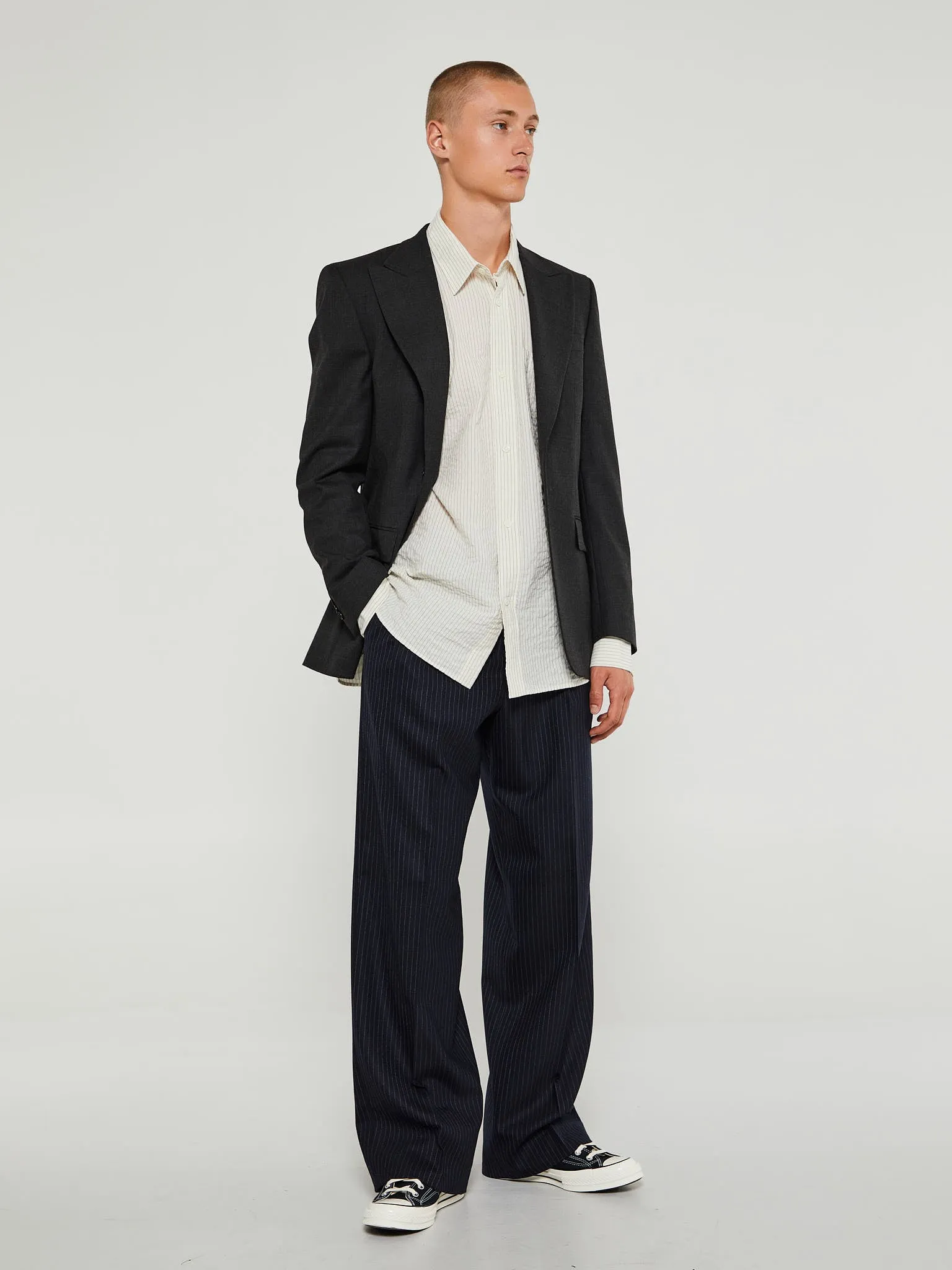 Wide Pleated Trousers in Navy Stripe