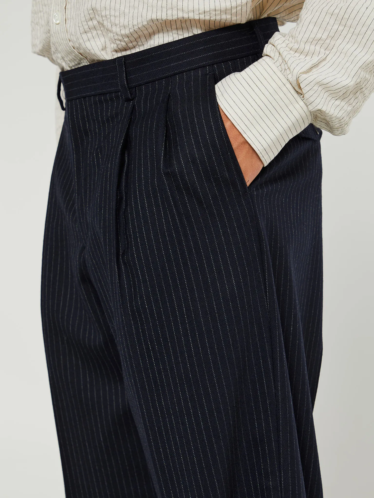 Wide Pleated Trousers in Navy Stripe