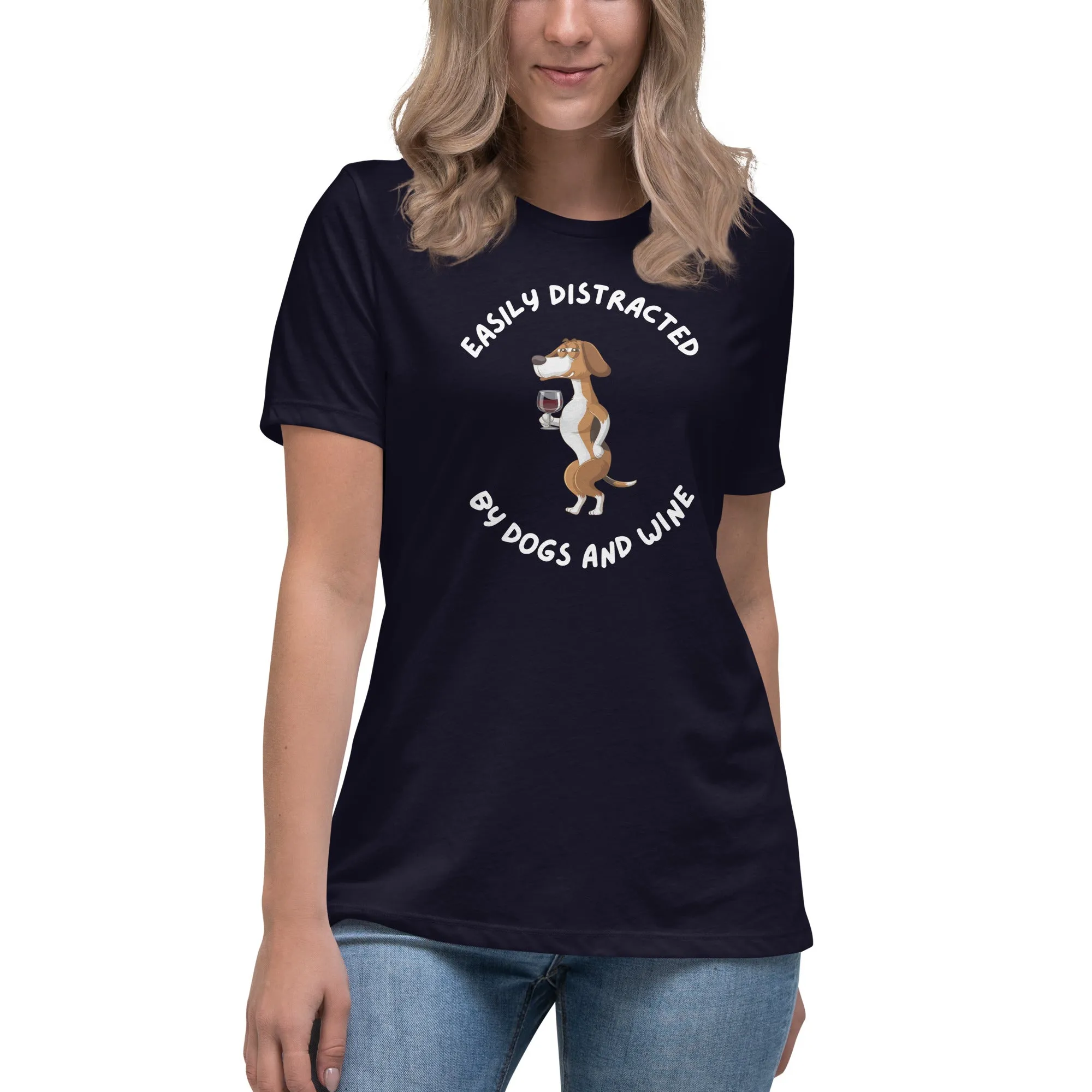 Women's Premium Cotton Relaxed T-Shirt - Easily Distracted By Dogs & Wine